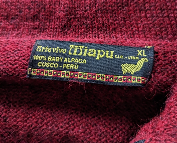 Arte Vivo 100% Baby Alpaca Cusco-Peru Sz XL Maroon - Picture 4 of 6